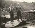 Ralph Dickson (left) & Frank Cookson. In the rec behind 108 Dept Butterfields. The shop rooves on Otley Road are visible.